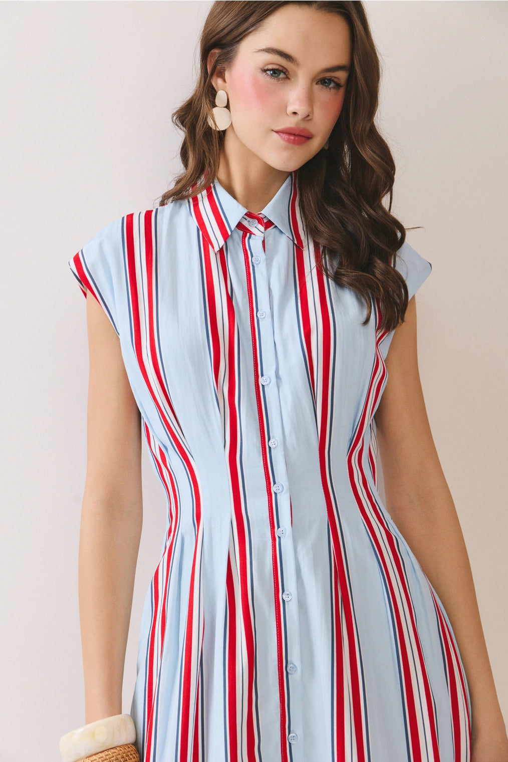 Tessa Fitted Bodice Striped Button Down Midi Dress- Red/Sky Blue/White