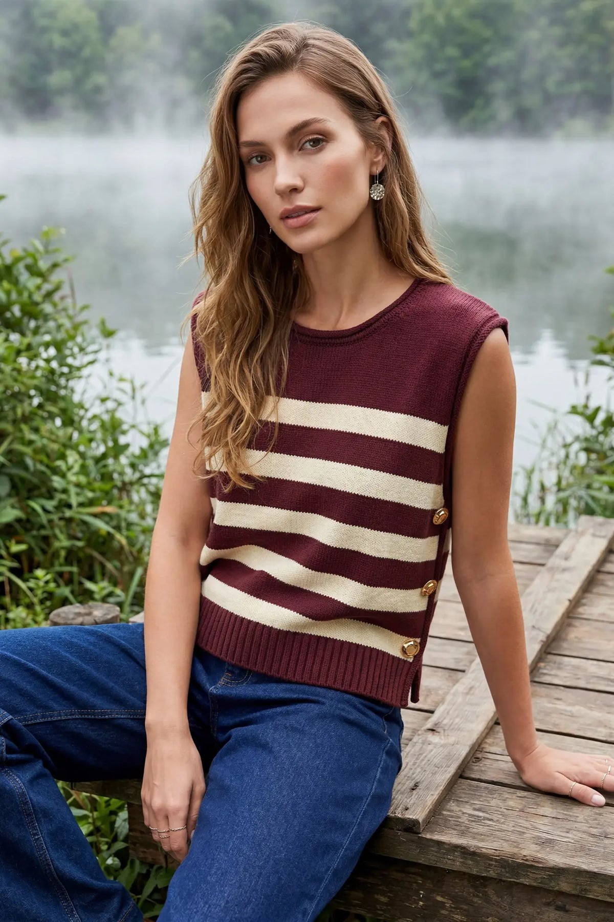 Maroon/Cream Striped Sweater Vest with Gold Button Side Accents
