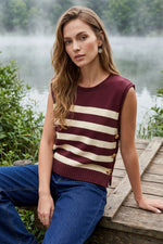 Maroon/Cream Striped Sweater Vest with Gold Button Side Accents