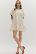Ivory Puff Sleeve Ruffle Hem Mini Dress with Multistripe Collar and Cuff/ Side Pockets/ Non Sheer
