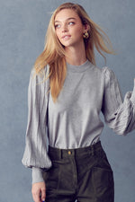 Stripe Texture Puff Sleeve Sweater-Gray