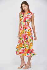 Bold Blooms Zip Front Smocked Waist Midi by FATE