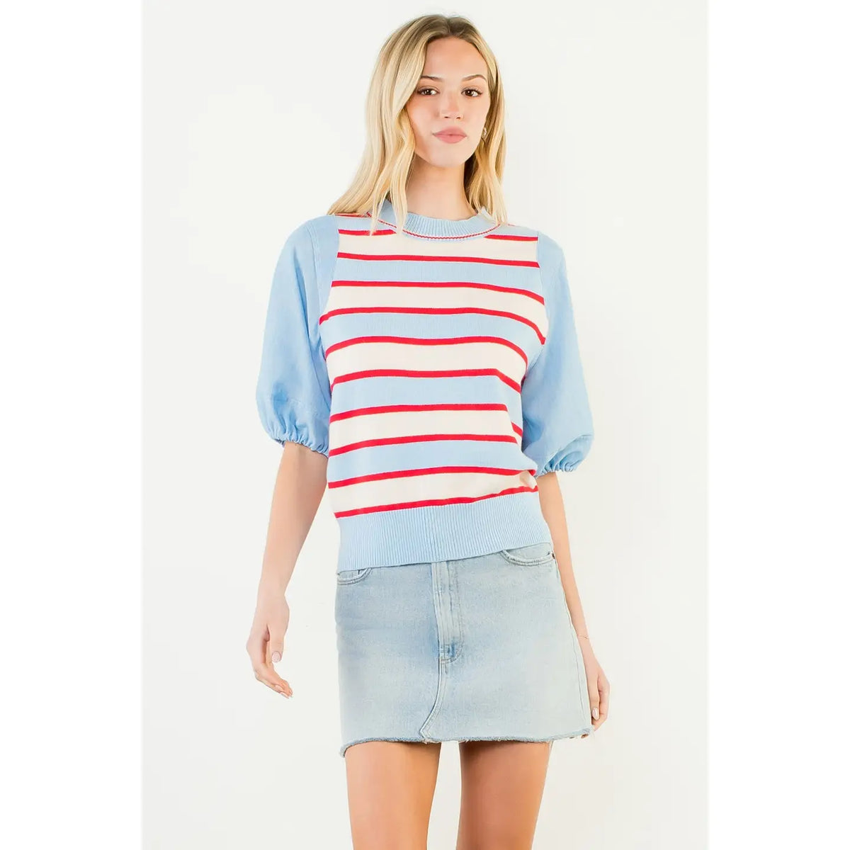 Preppy Puff Sleeve Stripe Knit Top by THML