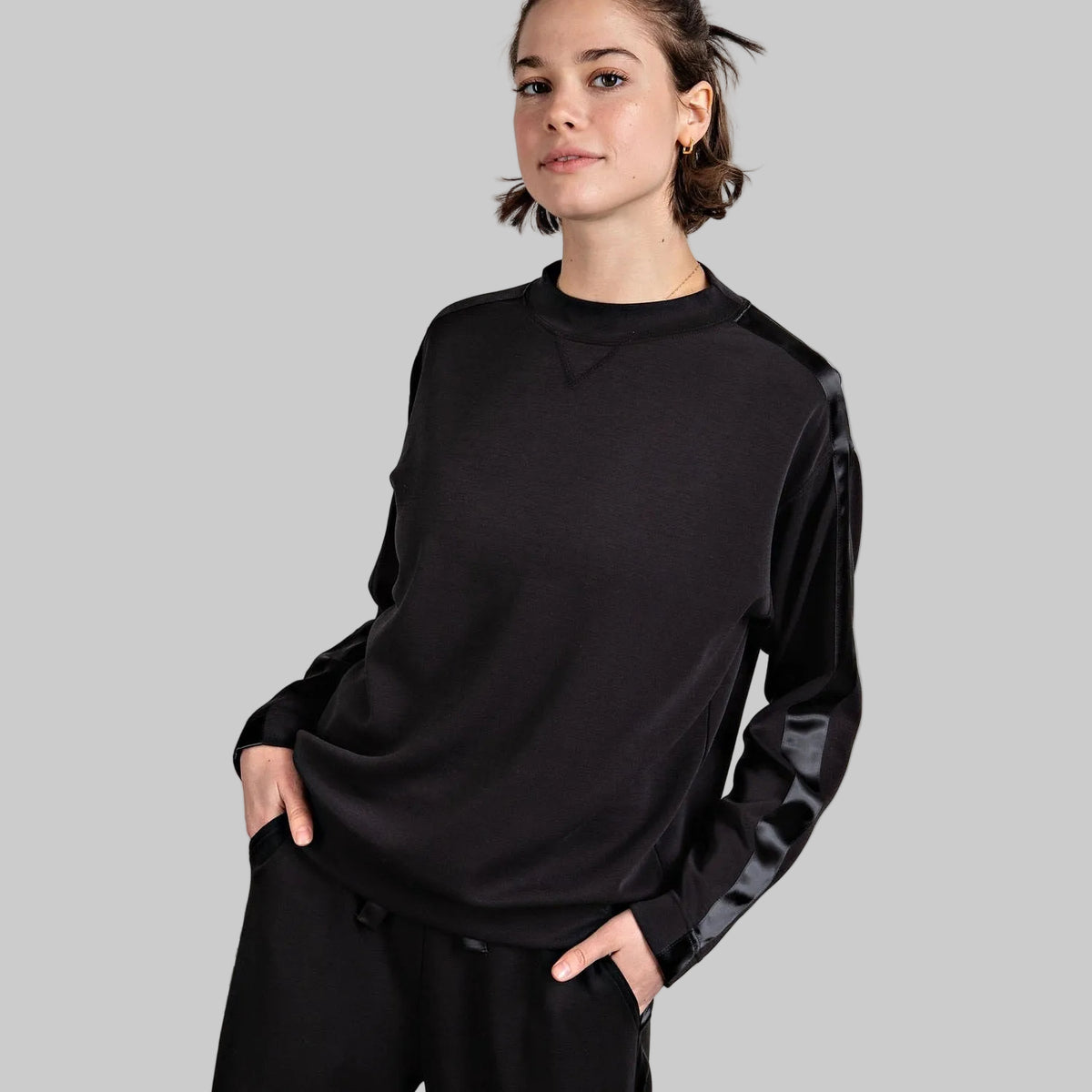 Rae Mode LUXE SATIN Crew Neck AND Straight Pant SET-BLACK