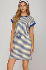 CAP SLEEVE STRIPED KNIT MINI DRESS WITH WAIST TUNNEL ELASTIC AND POCKETS- Royal Blue