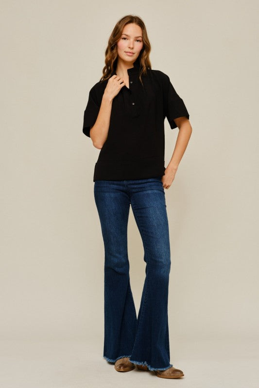 Fran Pintuck Detail High Neck Top- Black