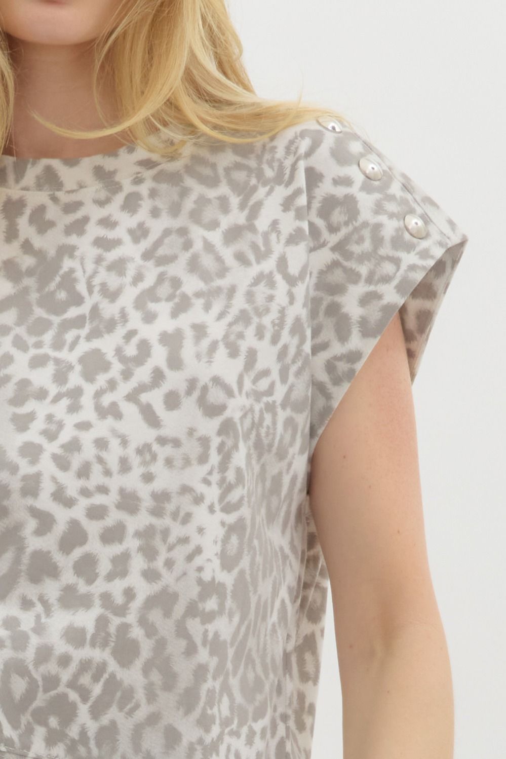 Gray Leopard Print Jersey Knit Pullover Top with Studded Shoulder Detail