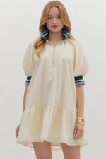 Ivory Puff Sleeve Ruffle Hem Mini Dress with Multistripe Collar and Cuff/ Side Pockets/ Non Sheer