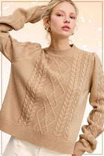 Soft Crew Neck Cable Knit Sweater- Crumb Cake