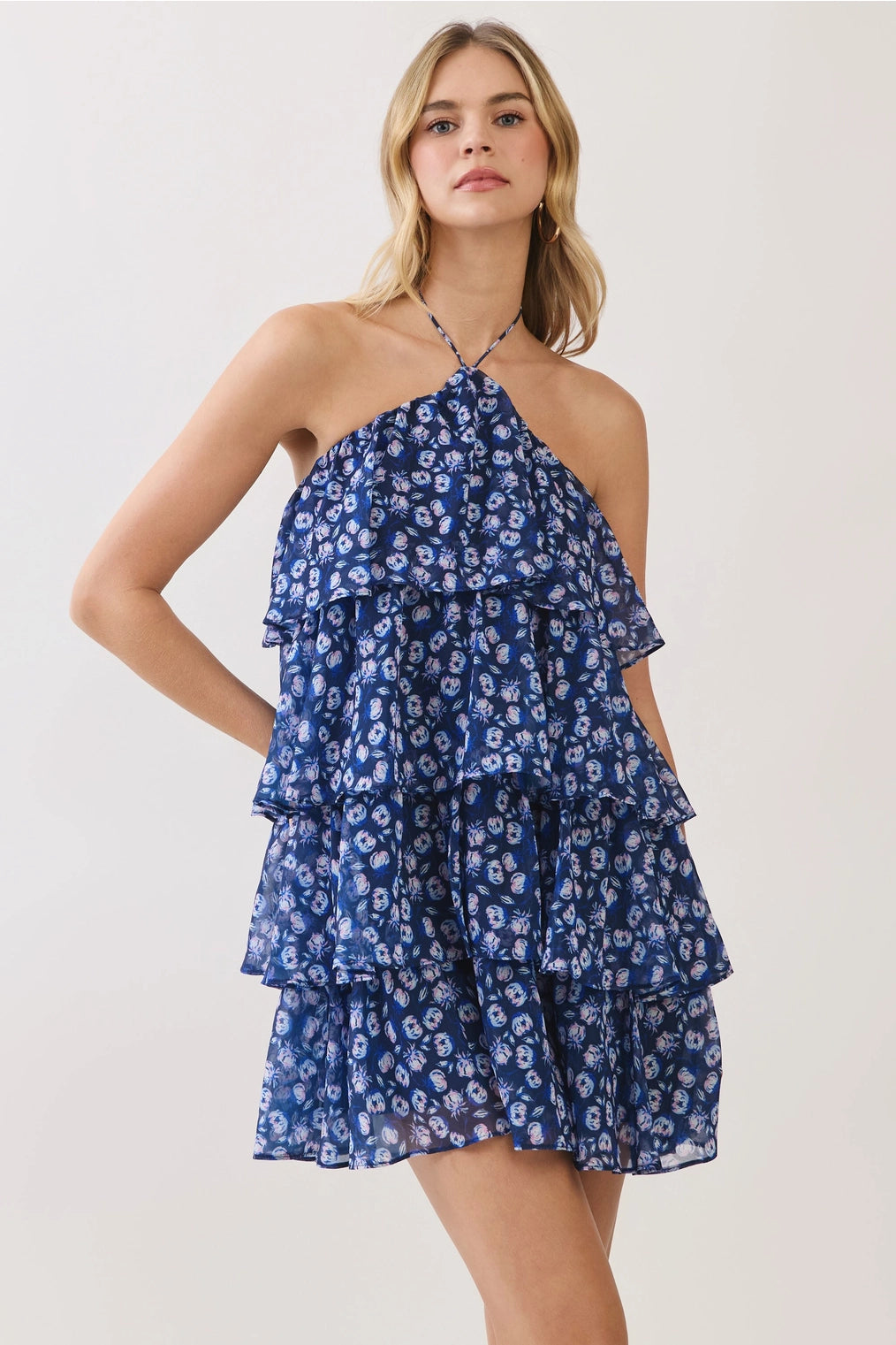 Farrah Floral Tiered Halter Mini- Navy