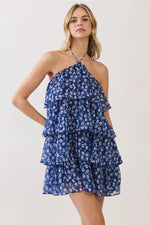 Farrah Floral Tiered Halter Mini- Navy