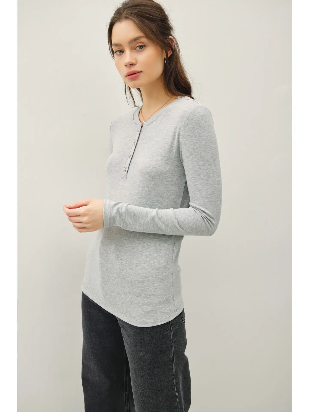 Ultra Soft Basic Longleeve Henley Top- Grey