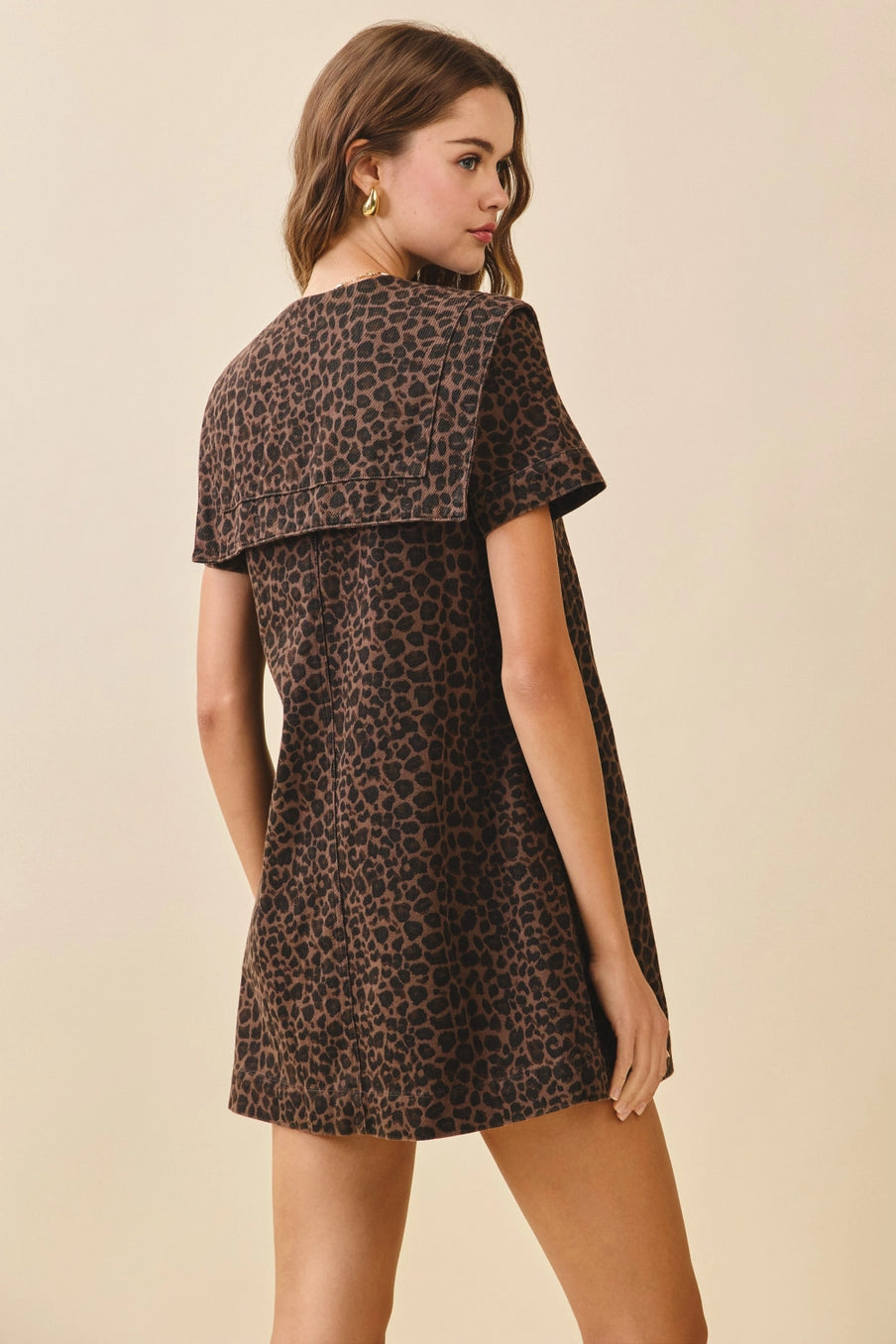 Leopard Washed Denim Sailor Collar Tied Mini Dress