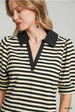 Black and Cream Stripe Polo Top with Puff Shoulder