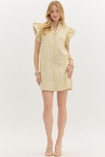 Metallic Textured Pattern Button Front Mini Dress featuring Ruffle Neck and Shoulder with Side Pockets ** available in Lemon Gold Or Navy Gold