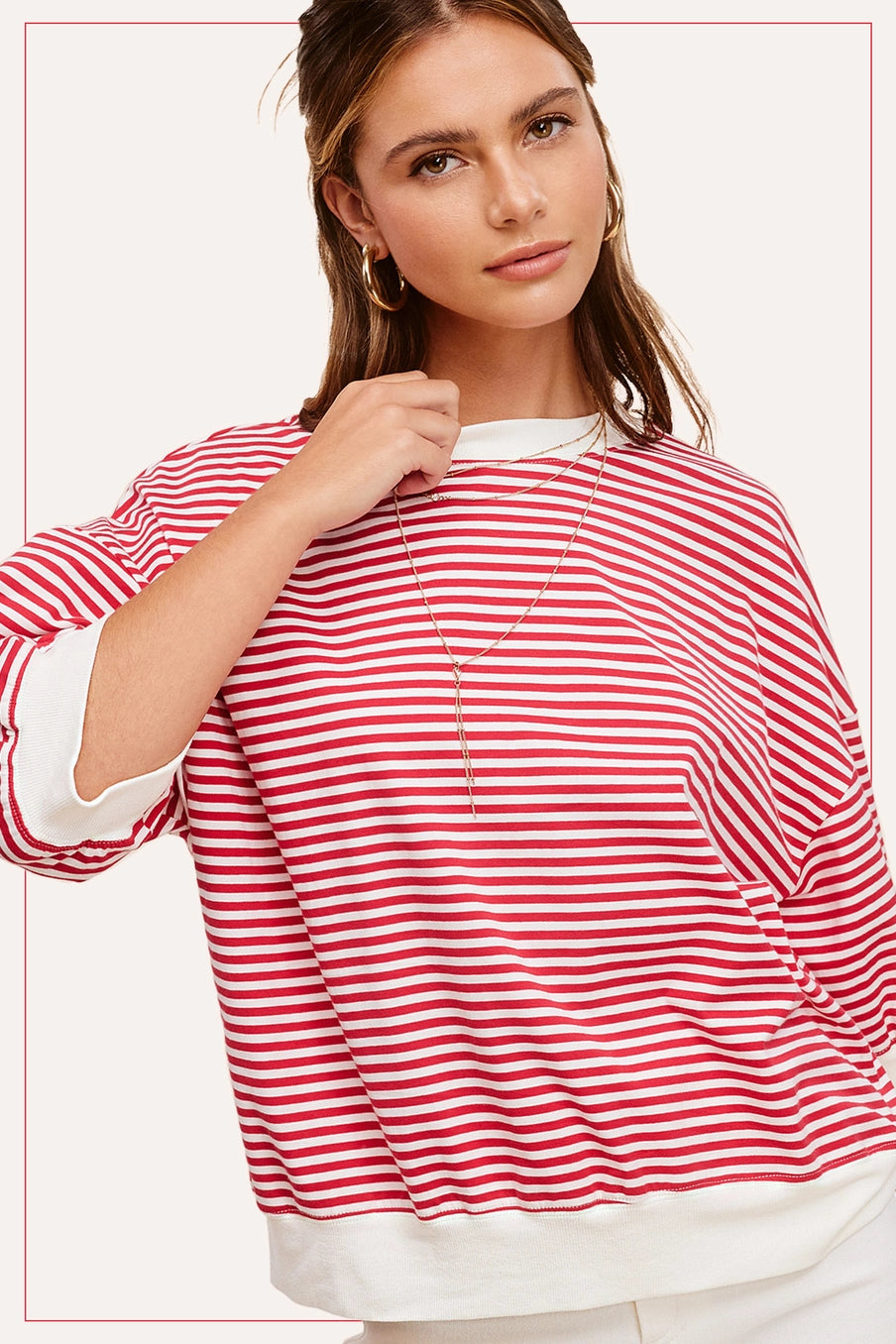 Bella Loose Fit Striped Short Sleeve Crew Neckline Top- Available in GREEN or RED