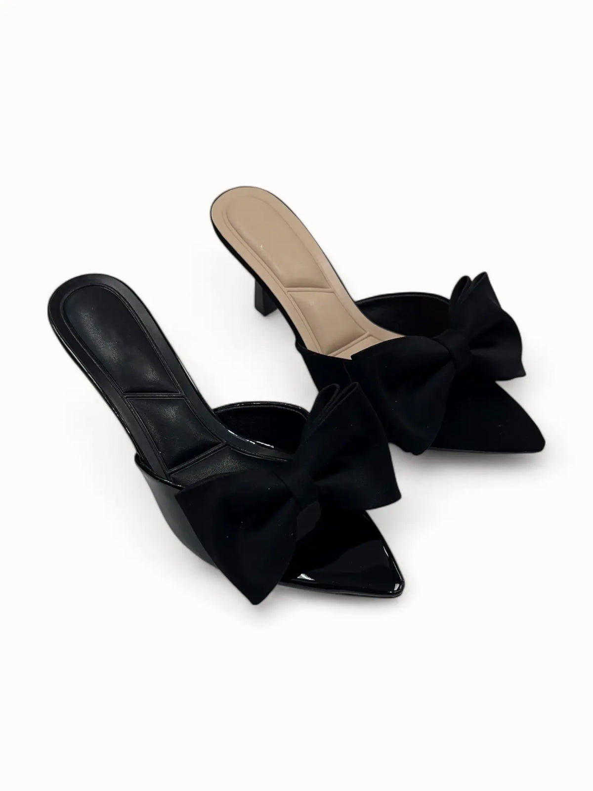 KITTEN HEEL OPEN TOE BOW SANDAL- Black Matte