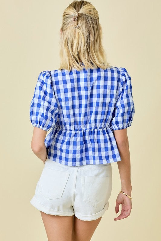 Gingham Peplum Top with Red Bow Constrast