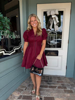 Burgundy Zip Front Mini Dress with Smocked Waist
