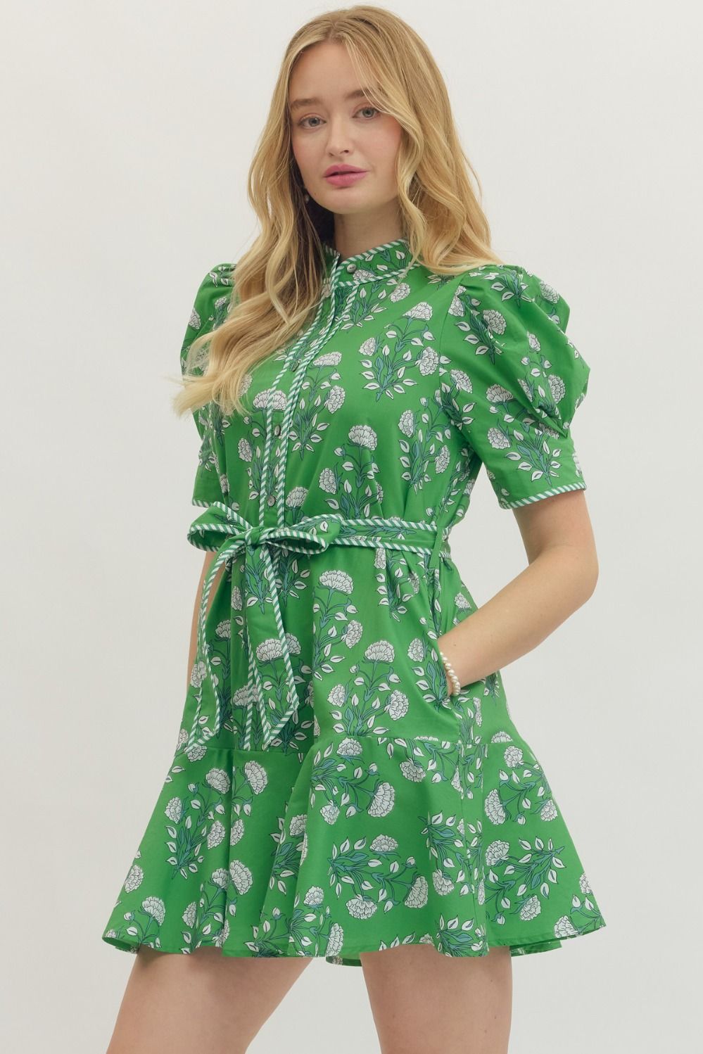 Georgia Green and Blue Floral Mini with Self Tie Waist