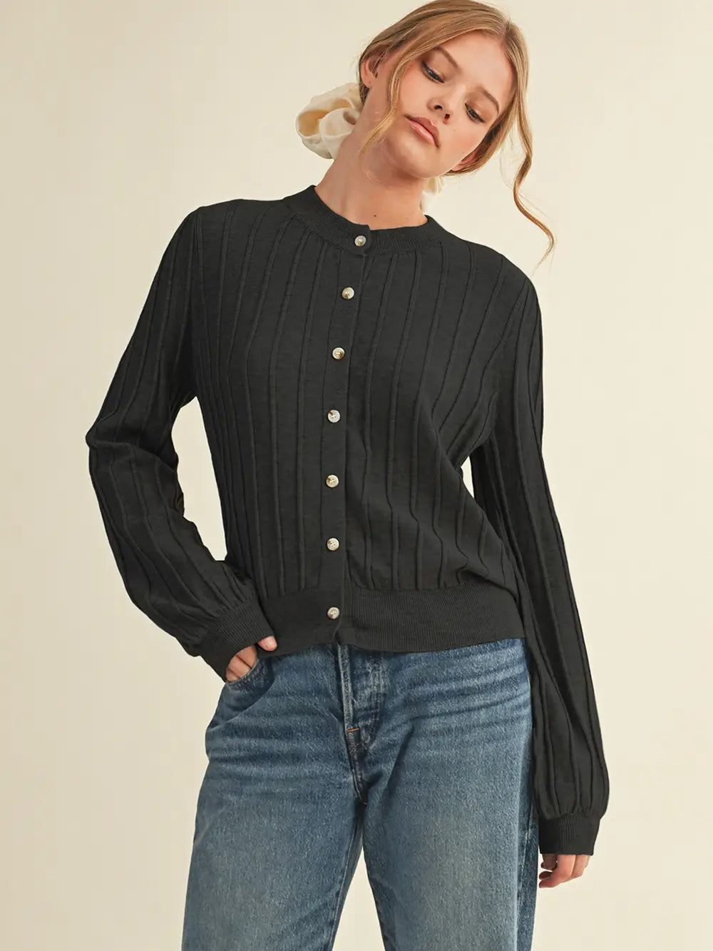 Soft Ribbed Sweater Cardigan- Black