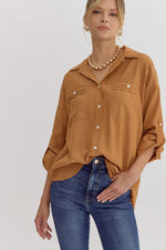 Long Sleeve Button Down Pintuck Detail - Camel