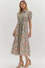 Olive Diamond Pattern Floral Print Midi Dress with Front Button Closure and Adjustable Tie Waist