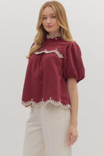 Burgundy Top with Embroidered Trim