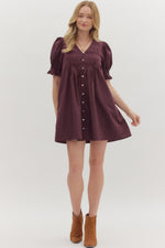 Merlot Solid short puff sleeve featuring diamond smocked band pintuck mini dress