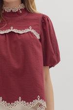 Burgundy Top with Embroidered Trim