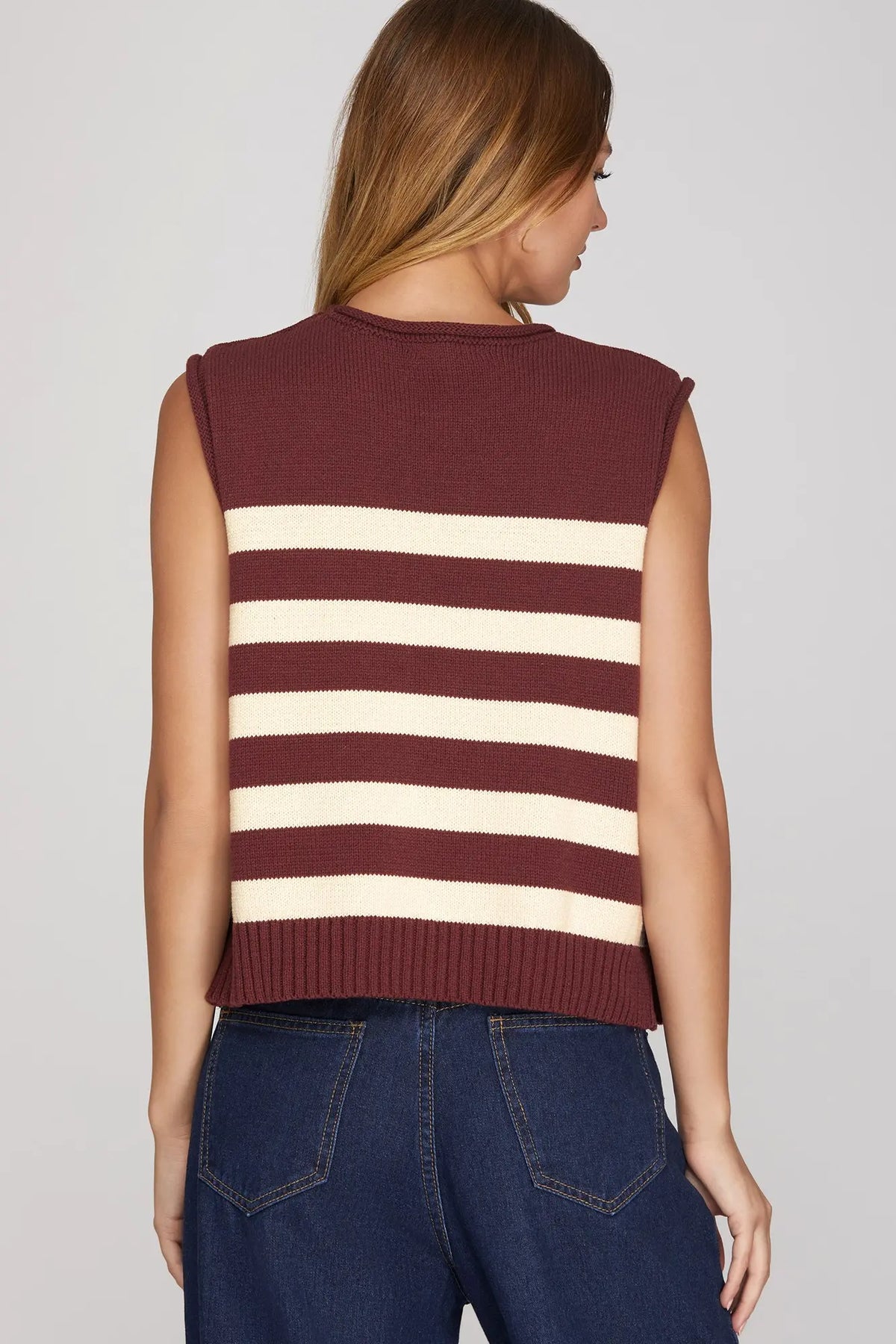 Maroon/Cream Striped Sweater Vest with Gold Button Side Accents