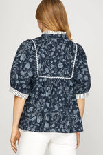 Navy Floral Top with Ruffle Collar and Cuff Sleeve Contrast
