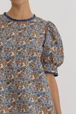 Navy and Camel Floral Top with Scallop Trim