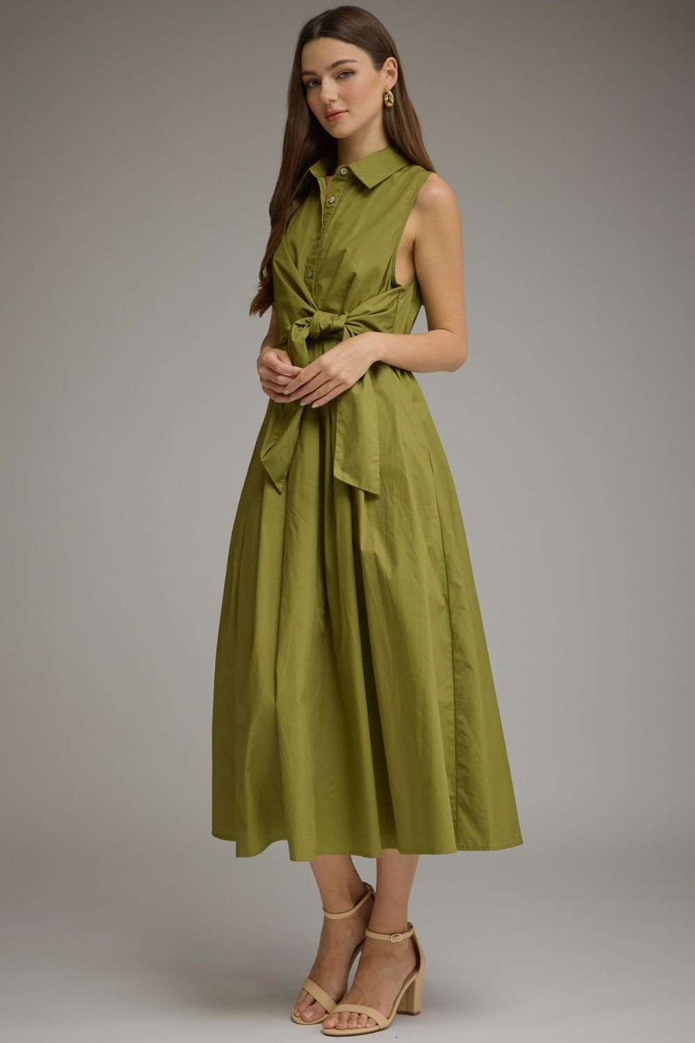 Lila Button Front Self-Tie Waist Midi Dress- Chartreuse Olive