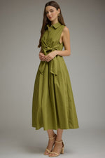 Lila Button Front Self-Tie Waist Midi Dress- Chartreuse Olive