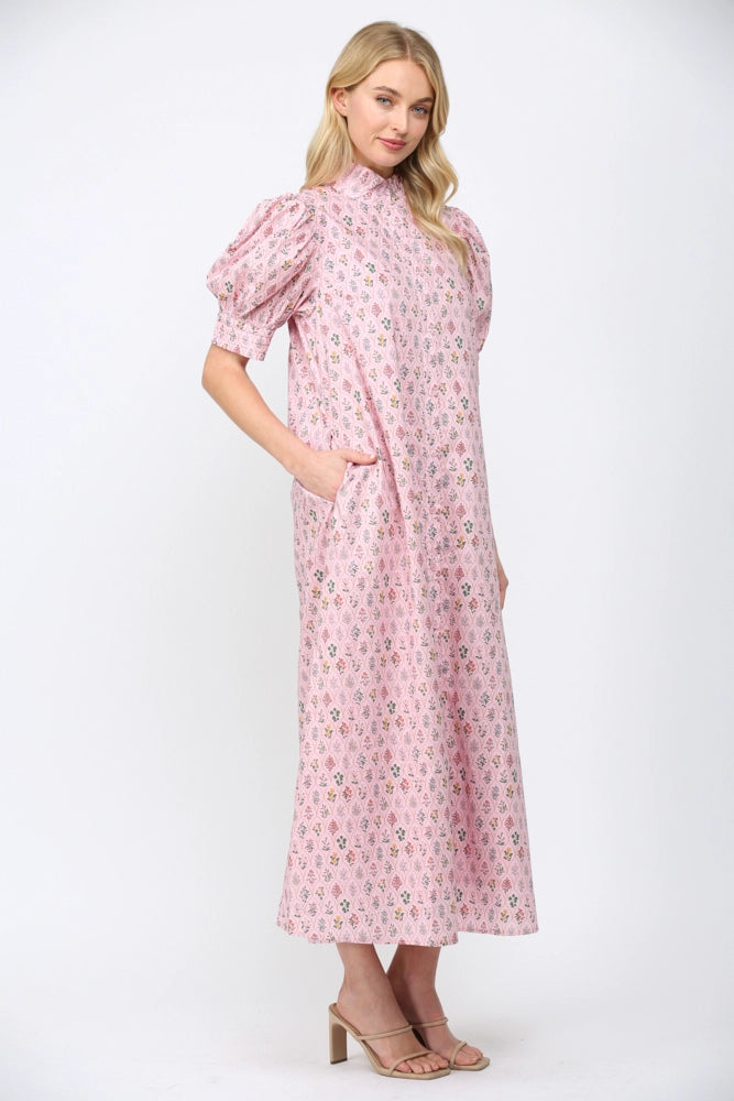 Floral High Ruffled Mock Neck Button Down Maxi Dress by Fate
