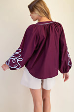 Soutache Detail Blouse- Dark Plum with Blue Piping
