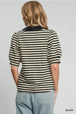 Black and Cream Stripe Polo Top with Puff Shoulder