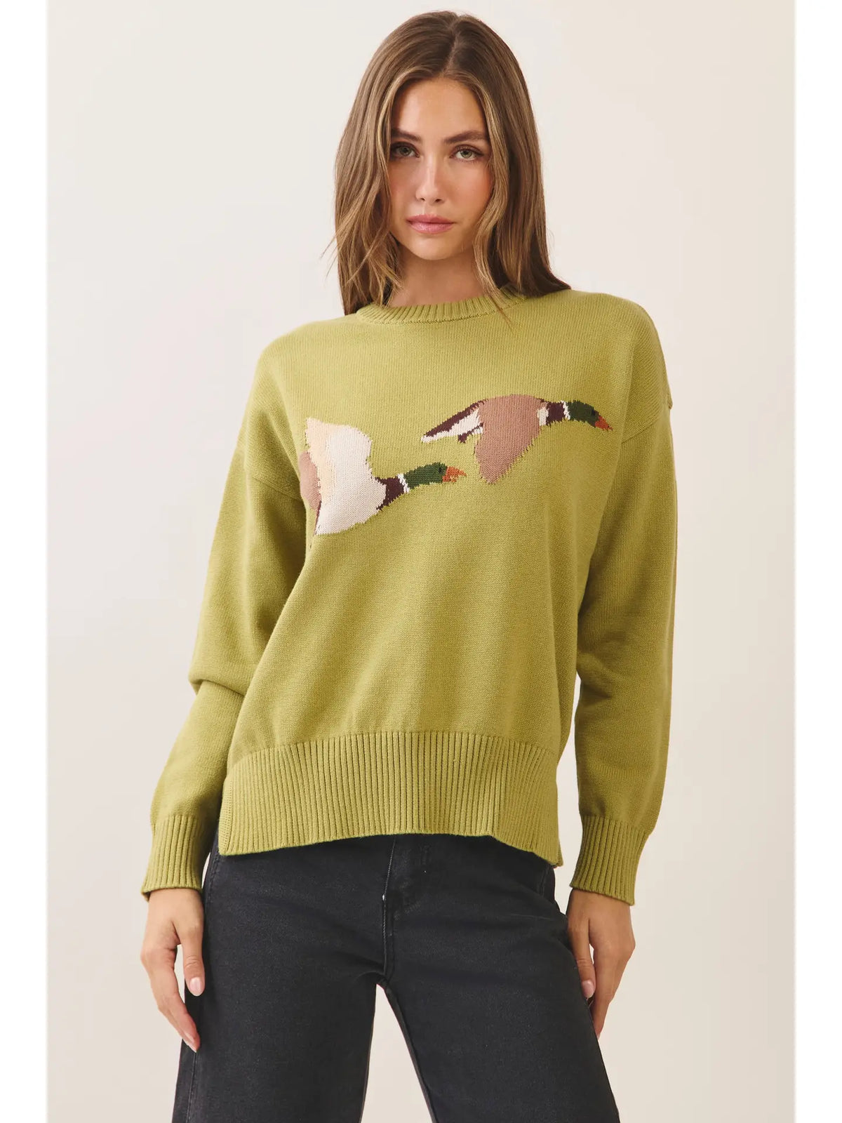 Flying Duck Intarsia Crew Neck Sweater- Chartreuse