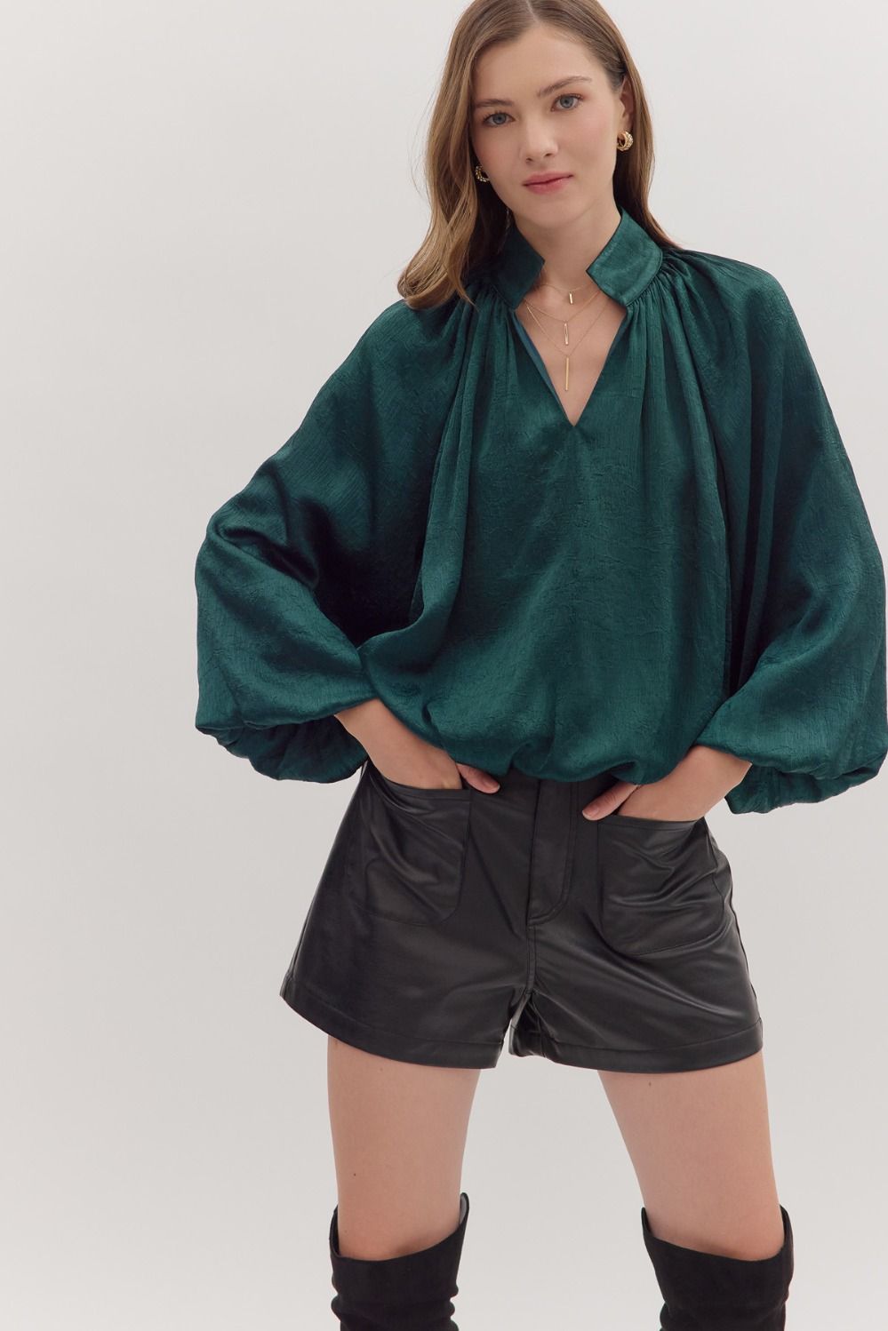 Shiny Hunter Green Bubble Hem Long Sleeve Top