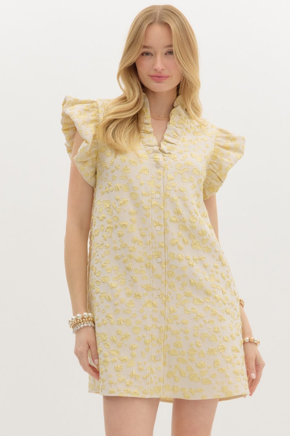 Metallic Textured Pattern Button Front Mini Dress featuring Ruffle Neck and Shoulder with Side Pockets ** available in Lemon Gold Or Navy Gold