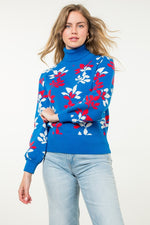 THML Blue and Red Floral Turtleneck Sweater