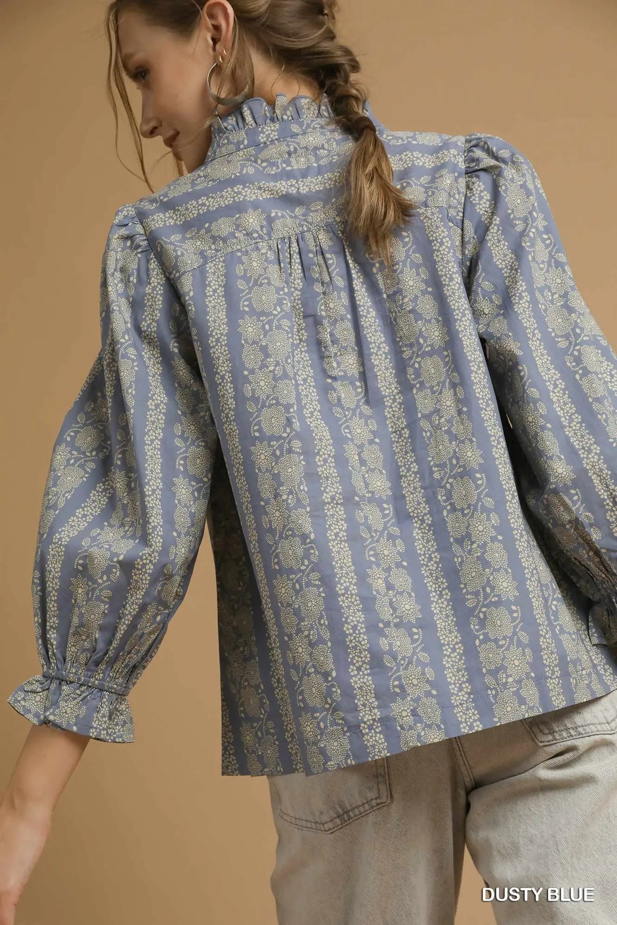 Dusty Blue High Ruffle Neck Button Front Top