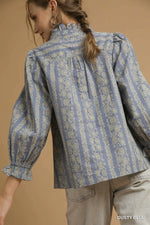 Dusty Blue High Ruffle Neck Button Front Top