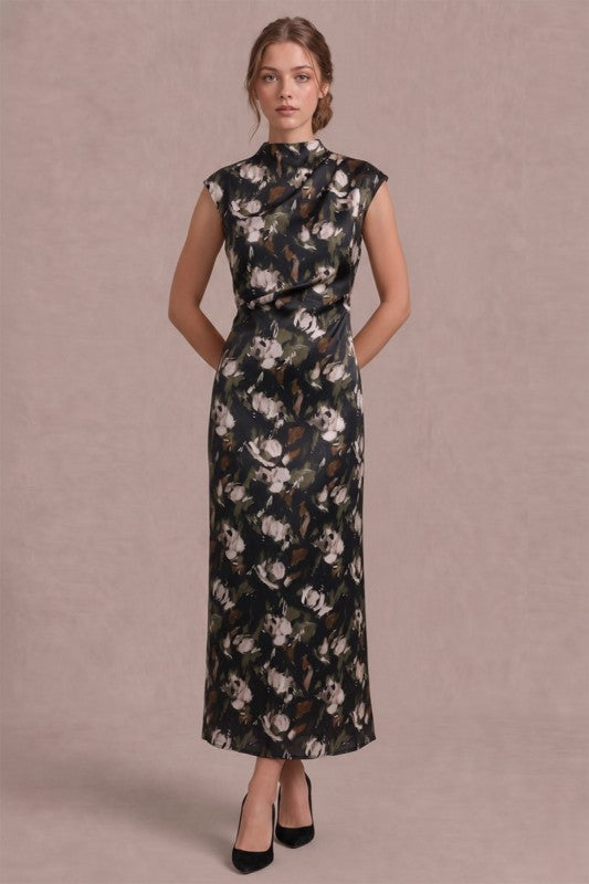 Olivia Satin Mock Neck Brushed Floral Maxi Dress- Black/Olive