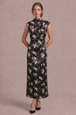Olivia Satin Mock Neck Brushed Floral Maxi Dress- Black/Olive
