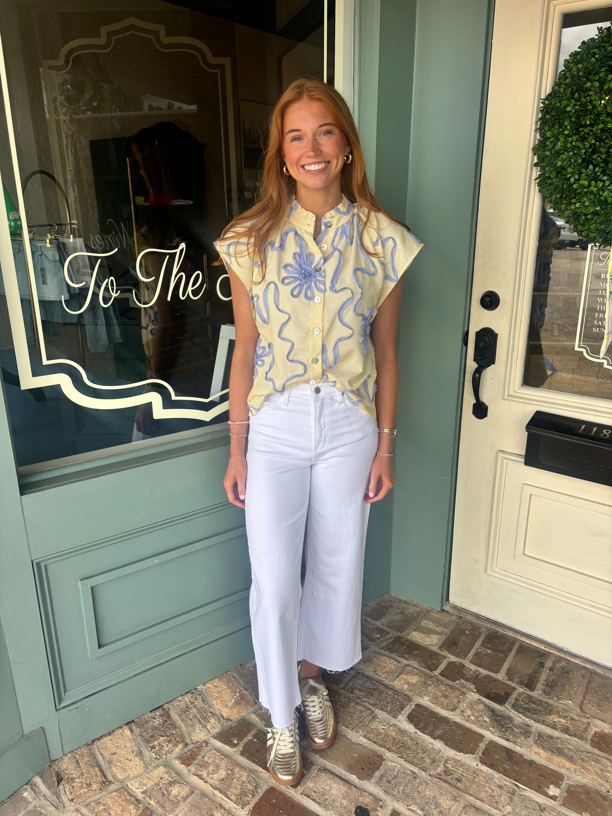 Yellow Button Down Top with Blue Striped Floral Design by THML