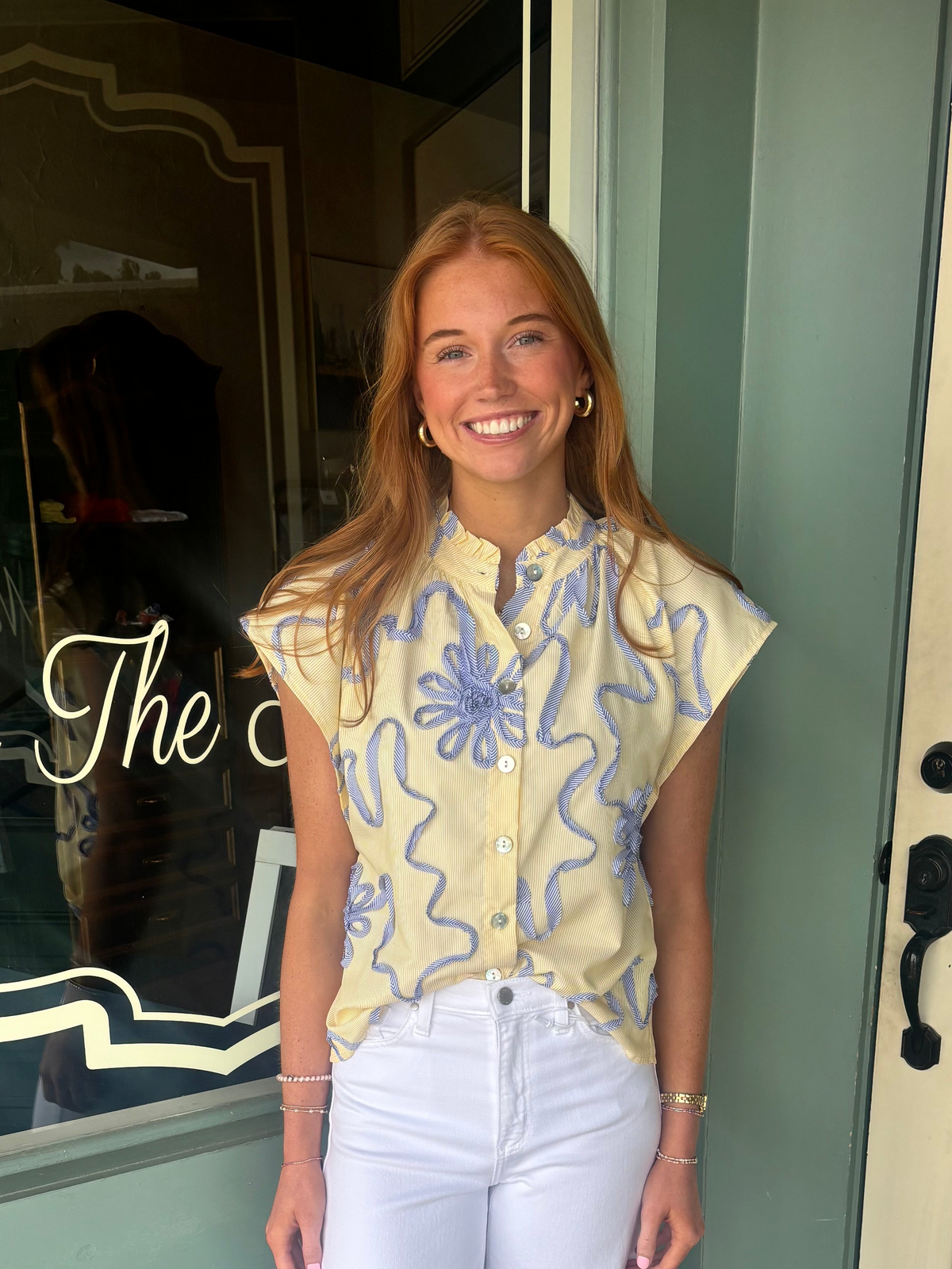 Yellow Button Down Top with Blue Striped Floral Design by THML