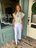 Yellow Button Down Top with Blue Striped Floral Design by THML