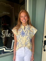 Yellow Button Down Top with Blue Striped Floral Design by THML